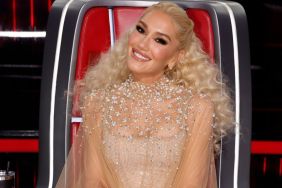 Gwen Stefani wearing a cloak dress at The Voice finale