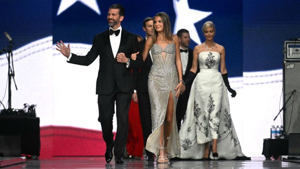 Sons of US President Donald Trump Eric Trump (2nd R) and son Donald Trump Jr. (L), his daughter Ivanka Trump (R) and granddaughter Kai Madison Trump attend the Liberty inaugural ball in Washington, DC, on January 20, 2025.