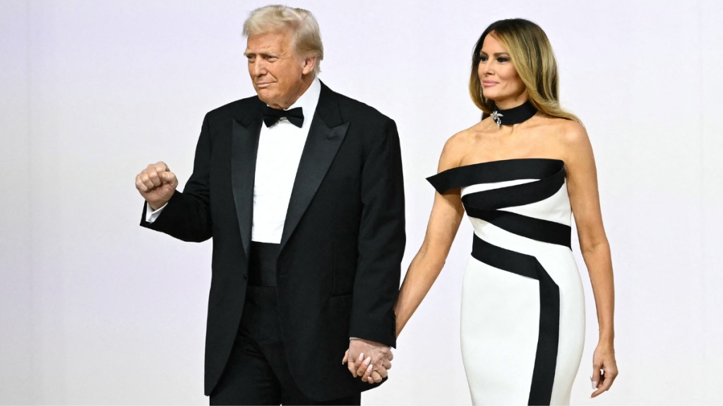 US President Donald Trump (L) and First Lady Melania Trump arrive at the Commander-In-Chief inaugural ball at the Walter E. Washington Convention Center in Washington, DC, on January 20, 2025.