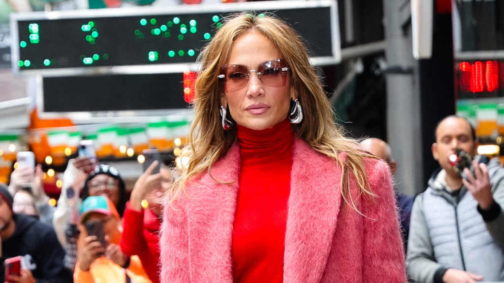 Jennifer Lopez is seen arriving at "Good Morning America" in Times Square on May 06, 2024 in New York City.